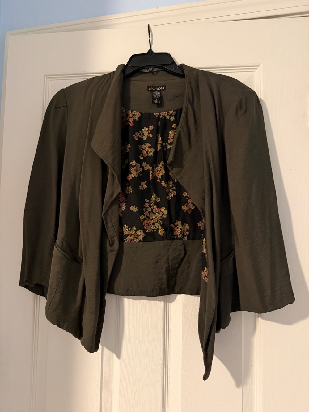 Ella Moss Olive Open-Front Draped Blazer with Floral Lining